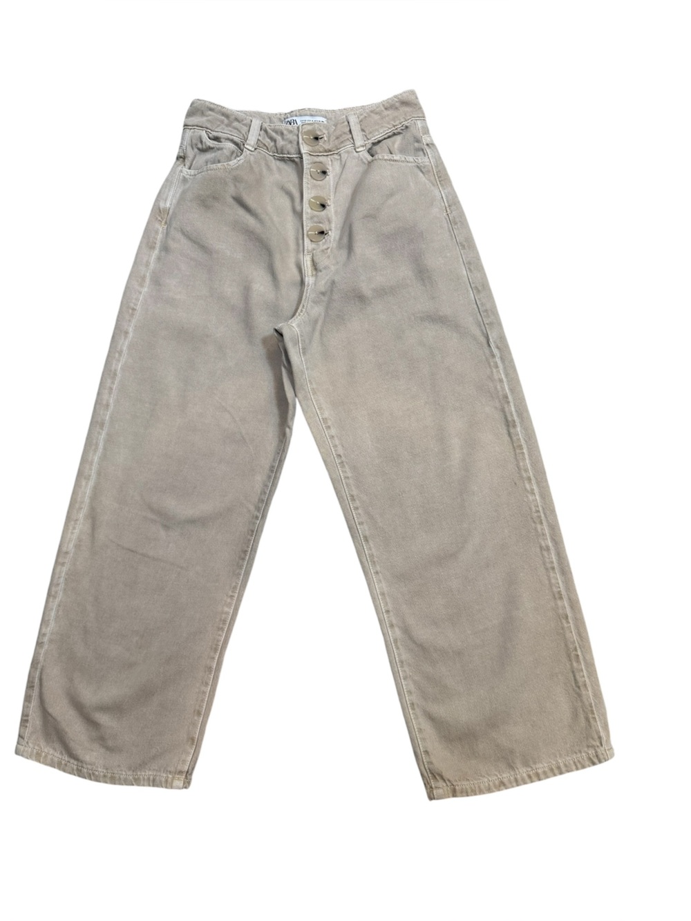 Zara Cropped Wide Leg Button Front Jeans Beige Tan Size 4 EU 36